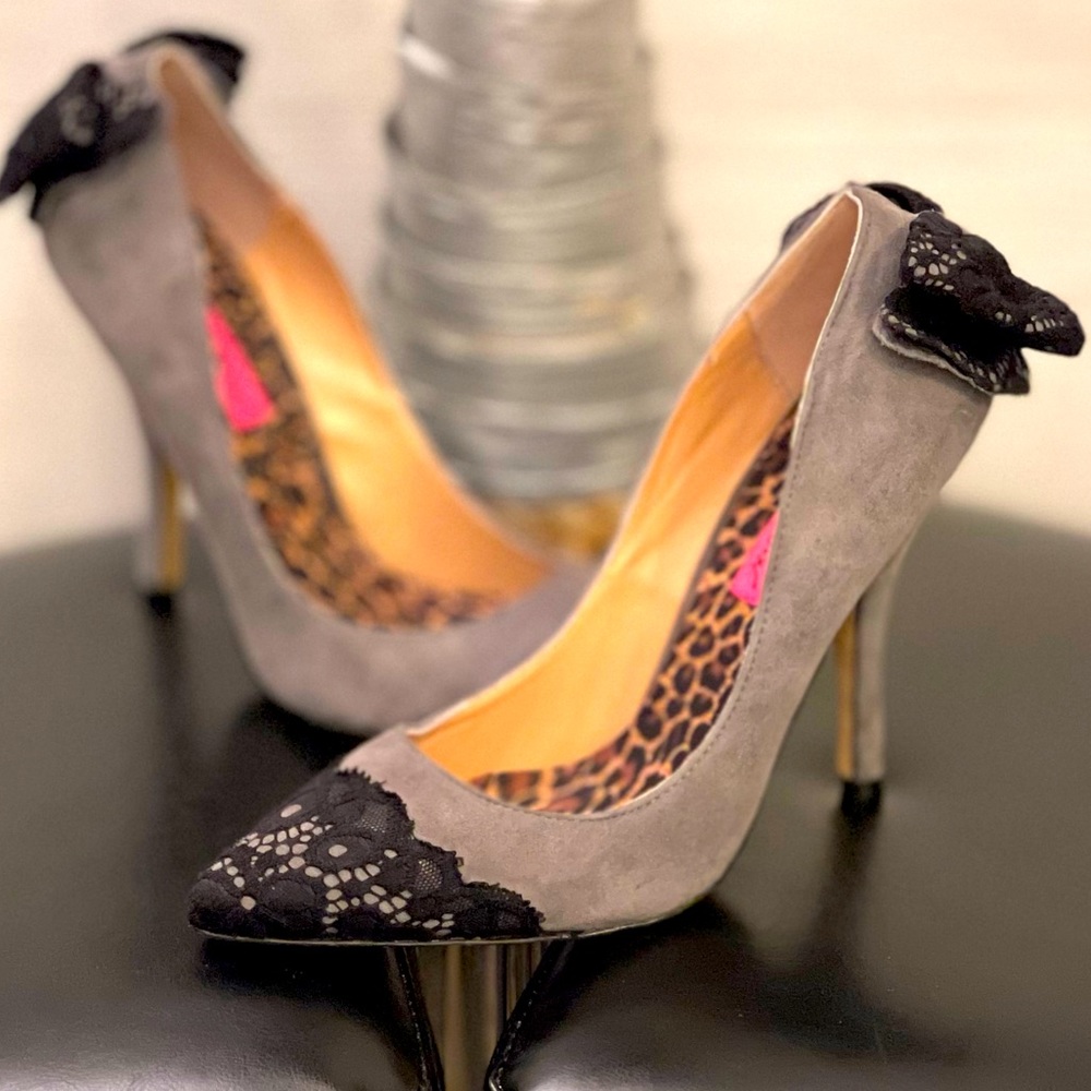 Betsey Johnson gray suede with black lace bows and toes… rare beauties.